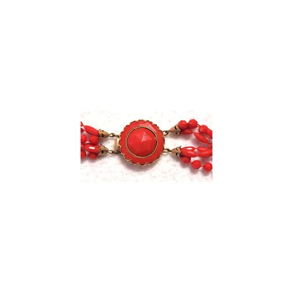 Faux Red Coral Plastic Multistrand Vtg 50s 60s MCM Beaded Necklace Box Clasp - Picture 8 of 8